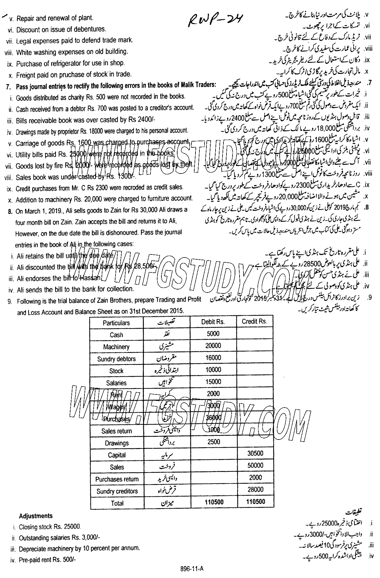11th Class Principles Of Accounting Past Paper 2024 Rawalpindi Board Subjective