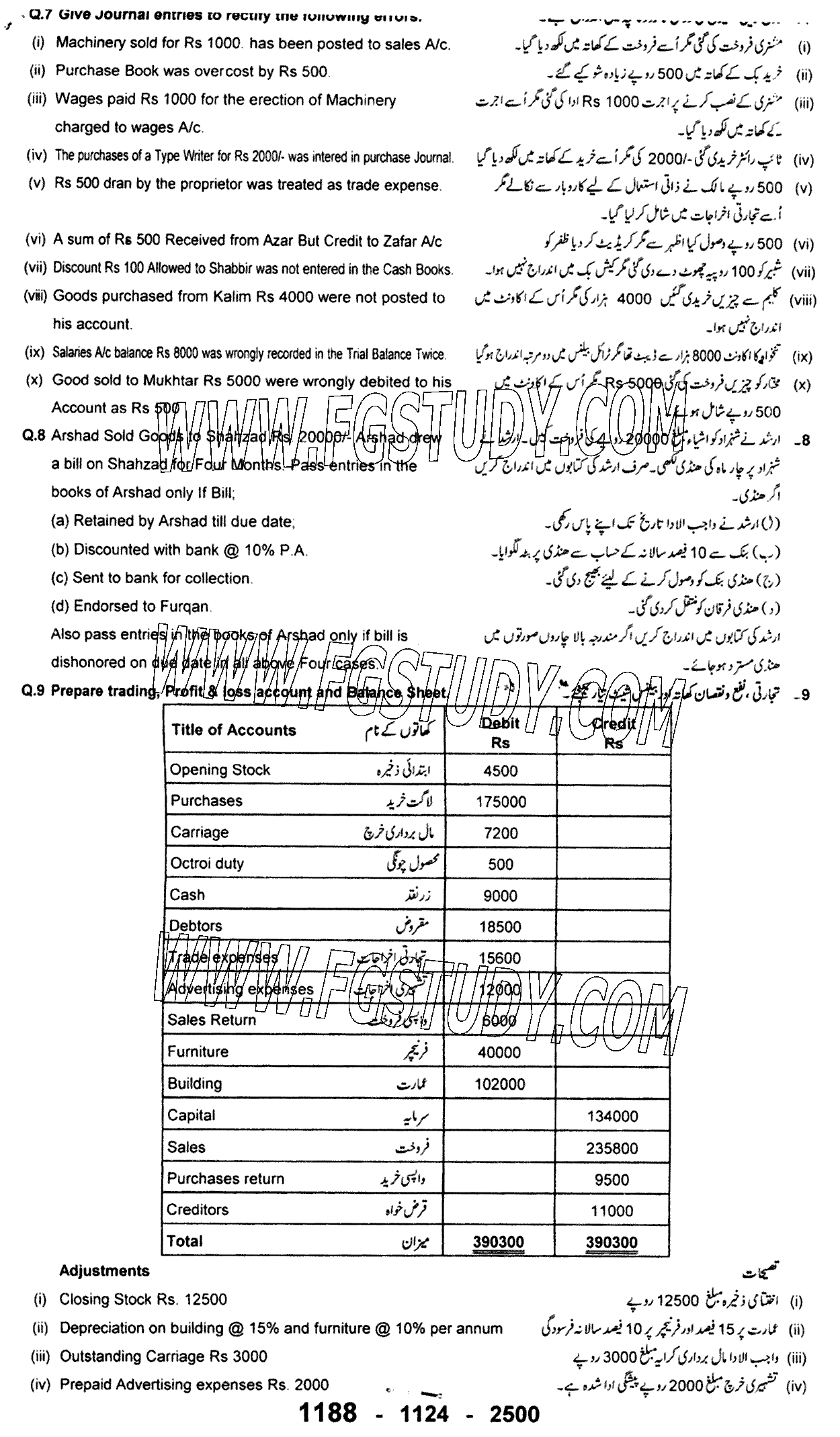 11th Class Principles Of Accounting Past Paper 2024 Sargodha Board Subjective