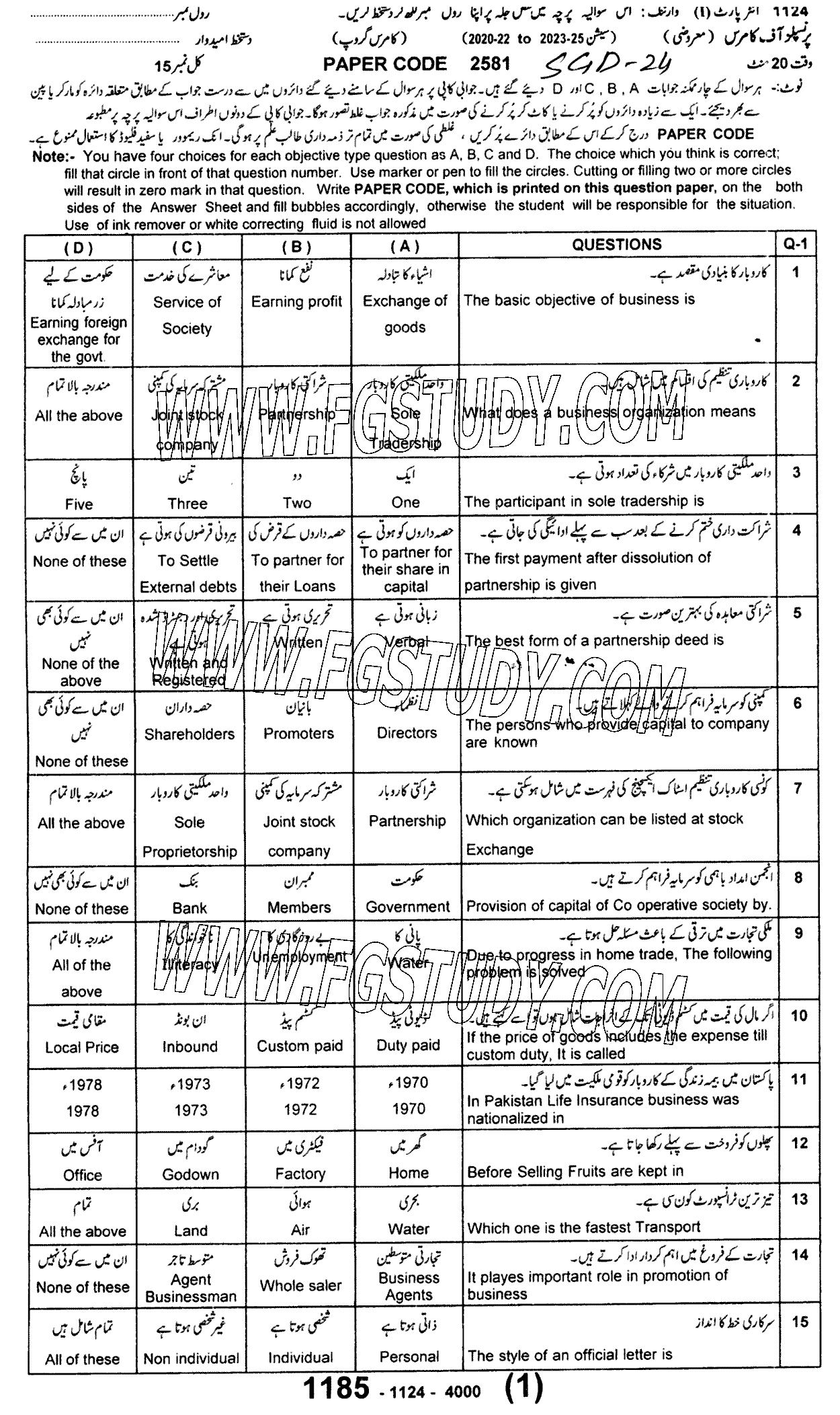 11th Class Principles Of Commerce Past Paper 2024 Sargodha Board Objective