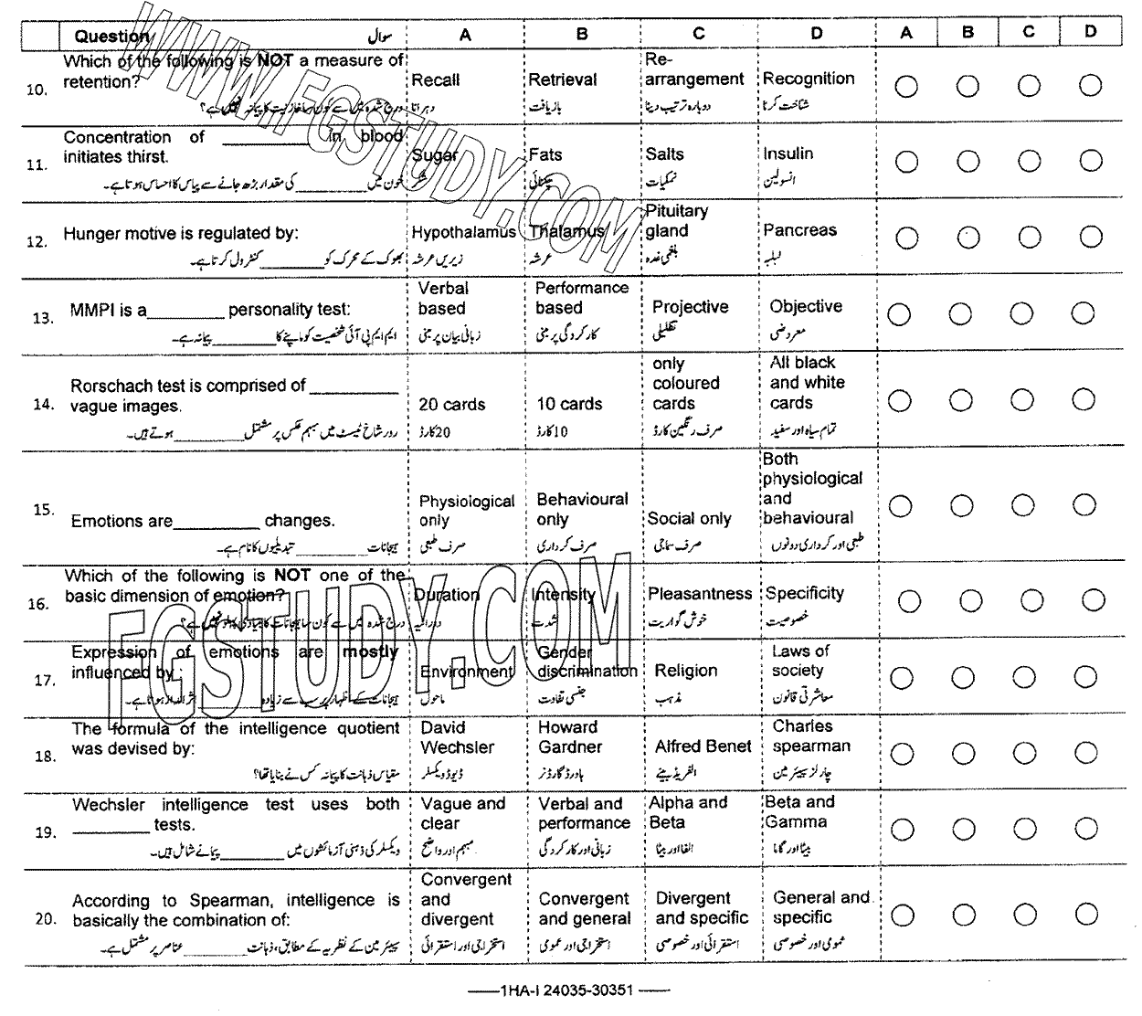 11th Class Psychology Past Paper 2024 Federal Board Islamabad Objective