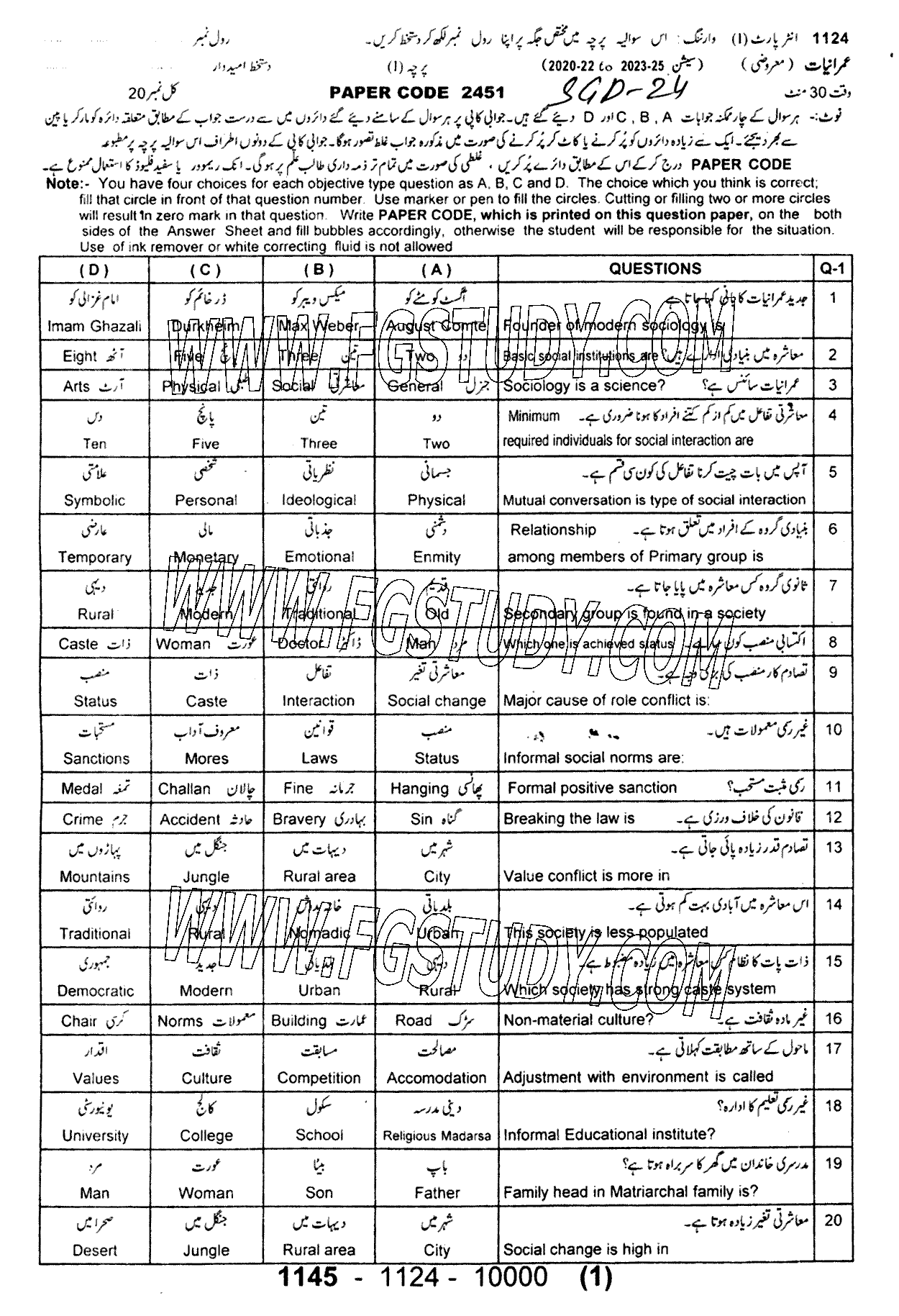 11th Class Sociology Past Paper 2024 Sargodha Board Objective