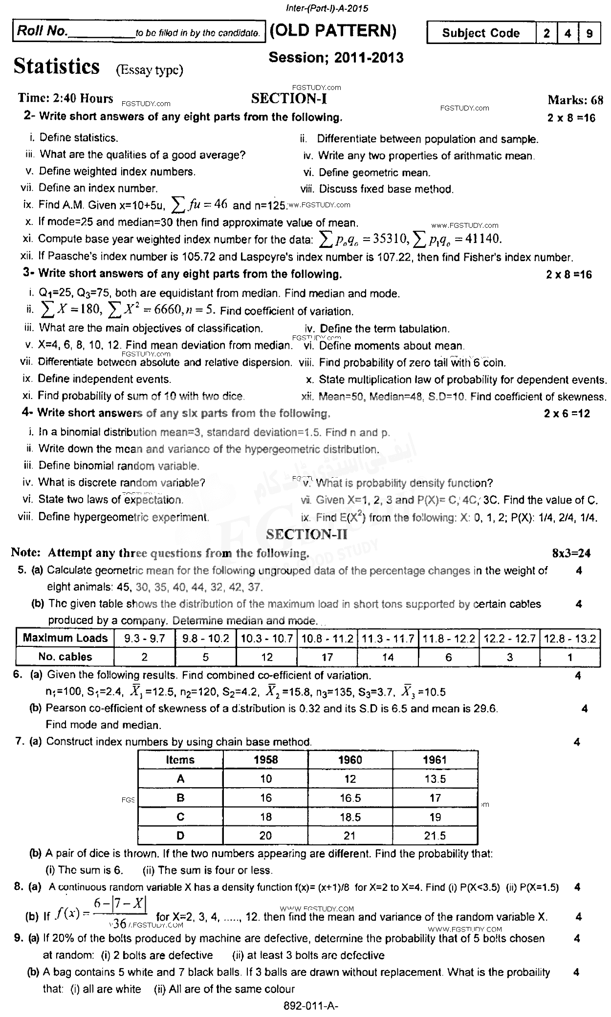 11th Class Statistics Past Paper 2015 Rawalpindi Board Subjective