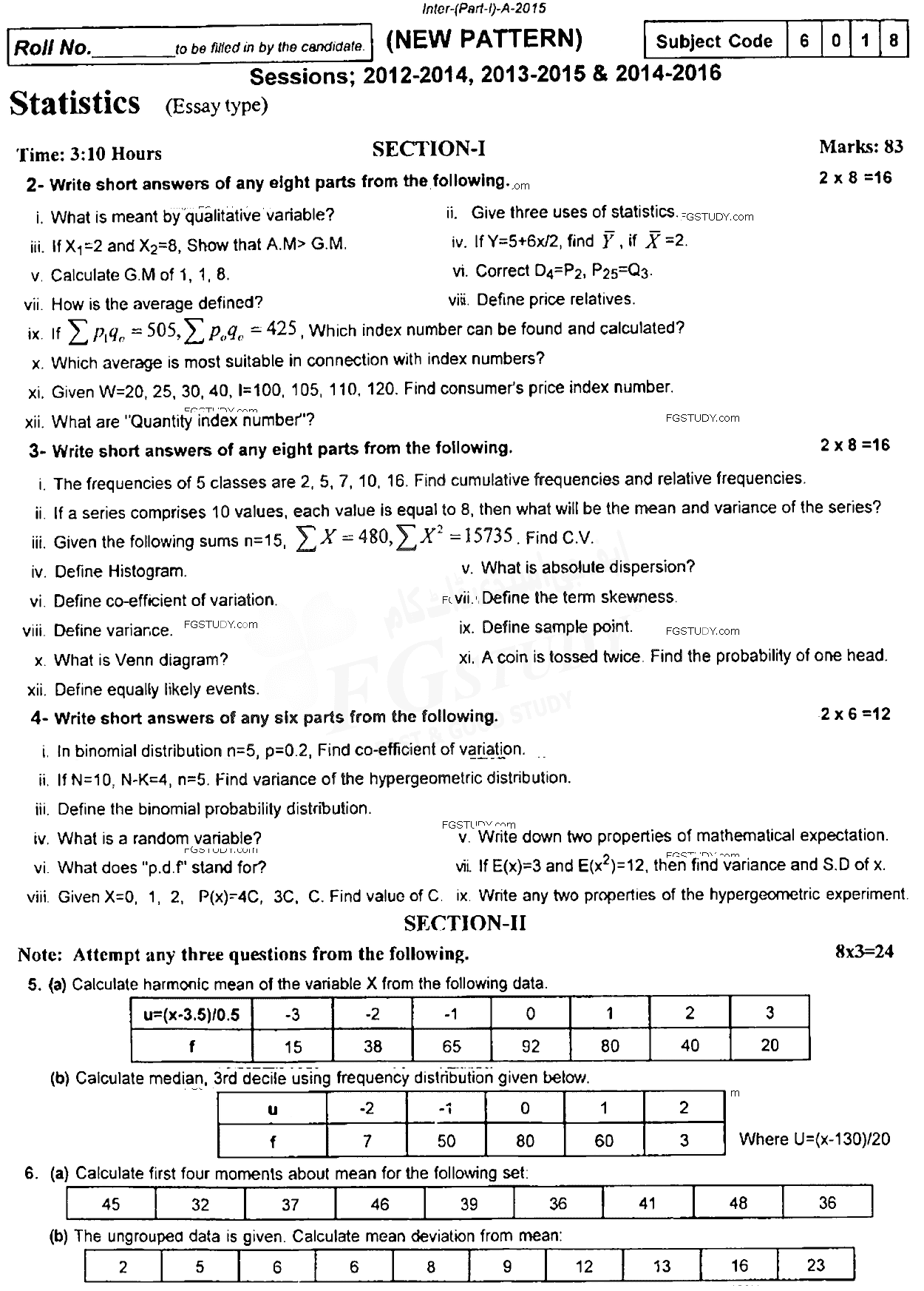 11th Class Statistics Past Paper 2015 Rawalpindi Board Subjective