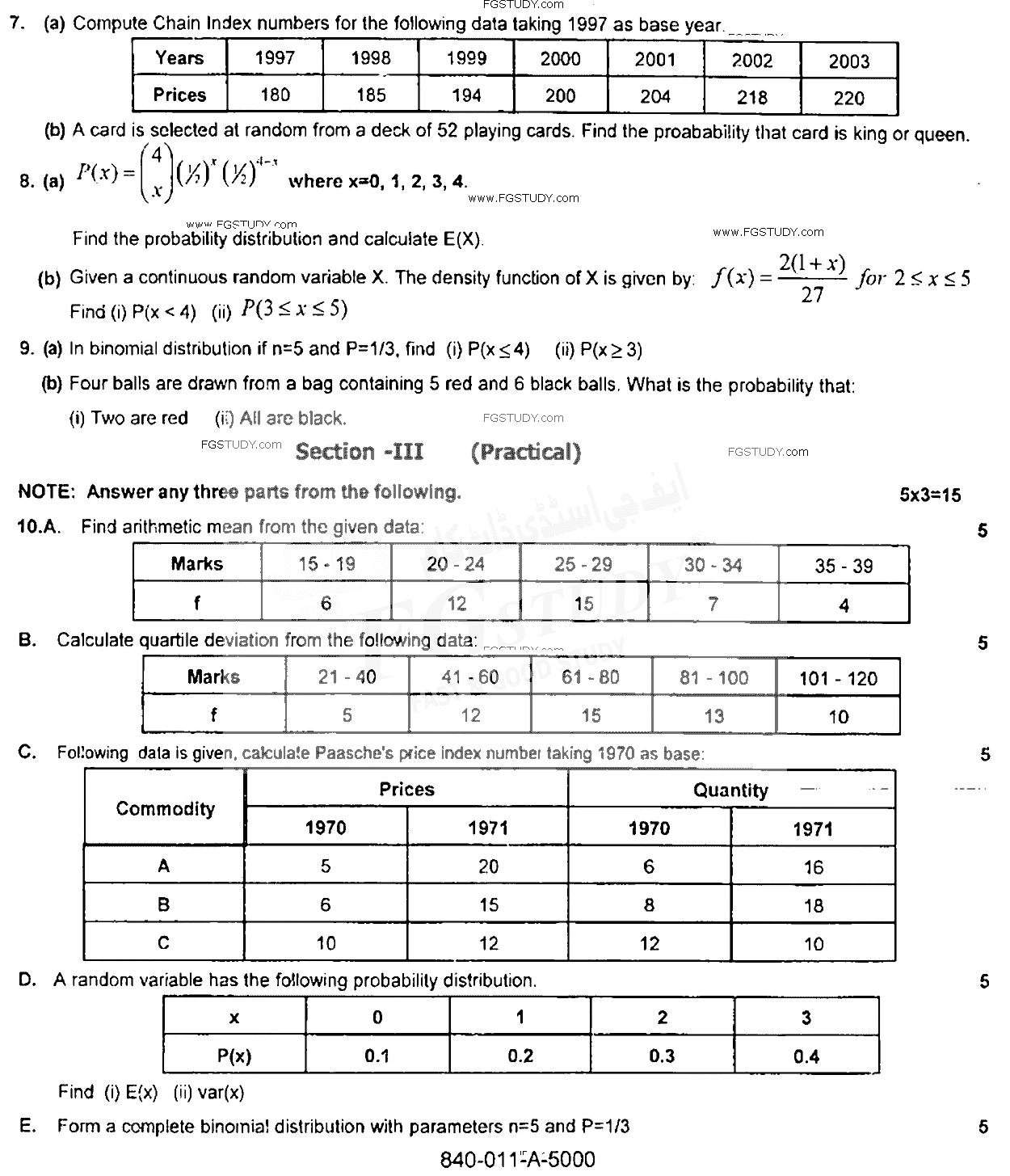 11th Class Statistics Past Paper 2015 Rawalpindi Board Subjective