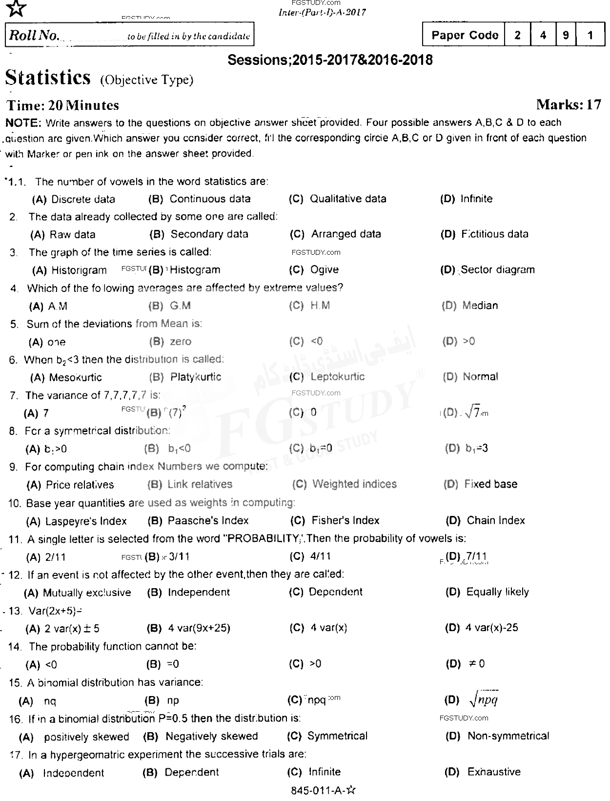 11th Class Statistics Past Paper 2017 Rawalpindi Board Objective