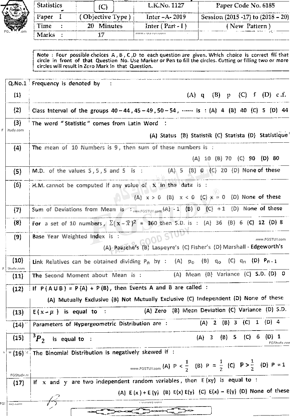 11th Class Statistics Past Paper 2019 Bahawalpur Board Objective