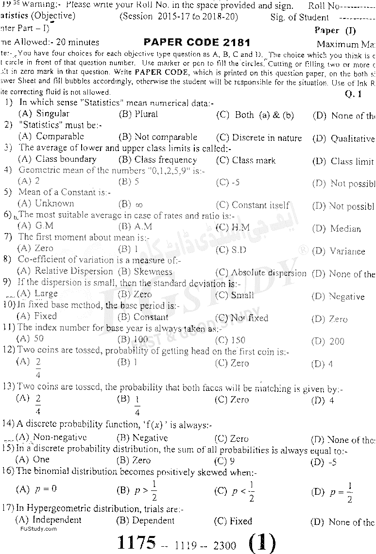 11th Class Statistics Past Paper 2019 Sargodha Board Objective