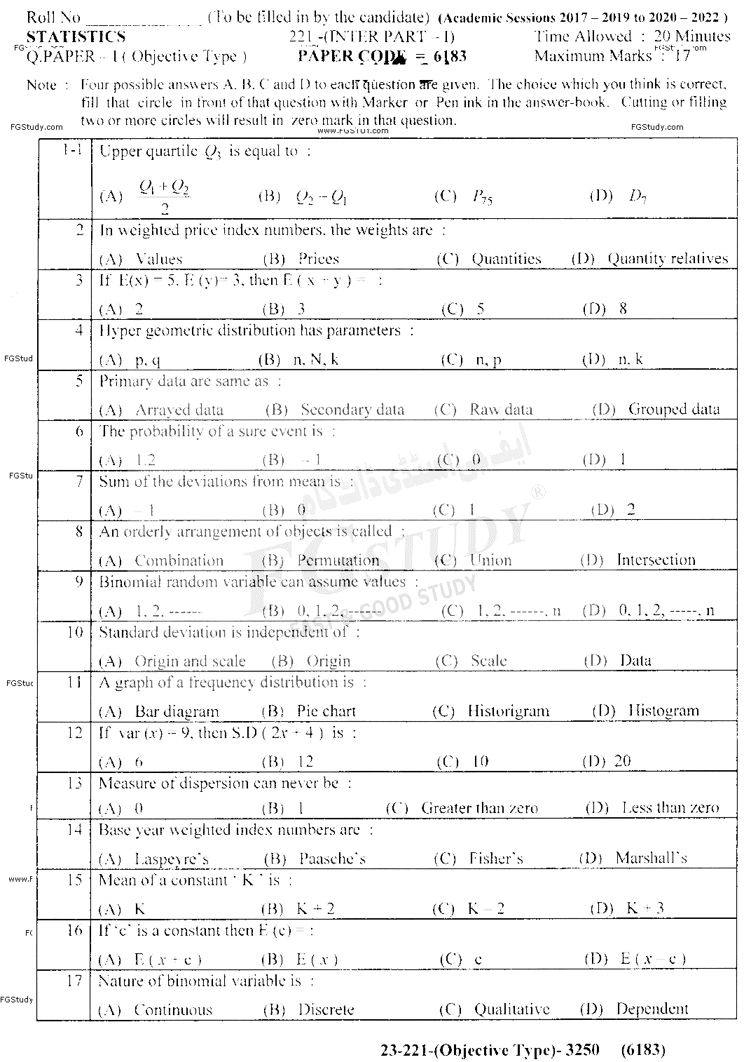 11th Class Statistics Past Paper 2021 Lahore Board Objective