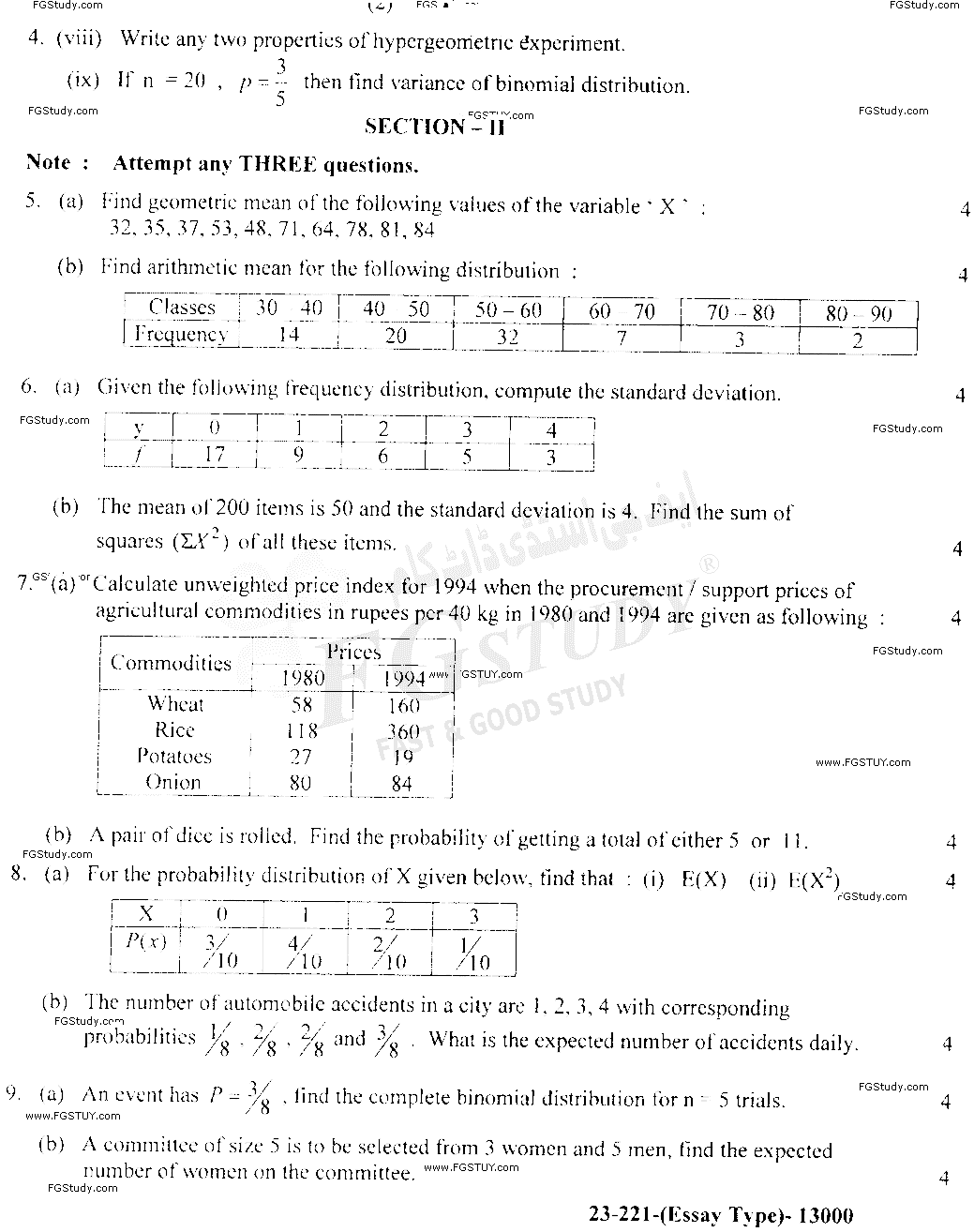 11th Class Statistics Past Paper 2021 Lahore Board Subjective