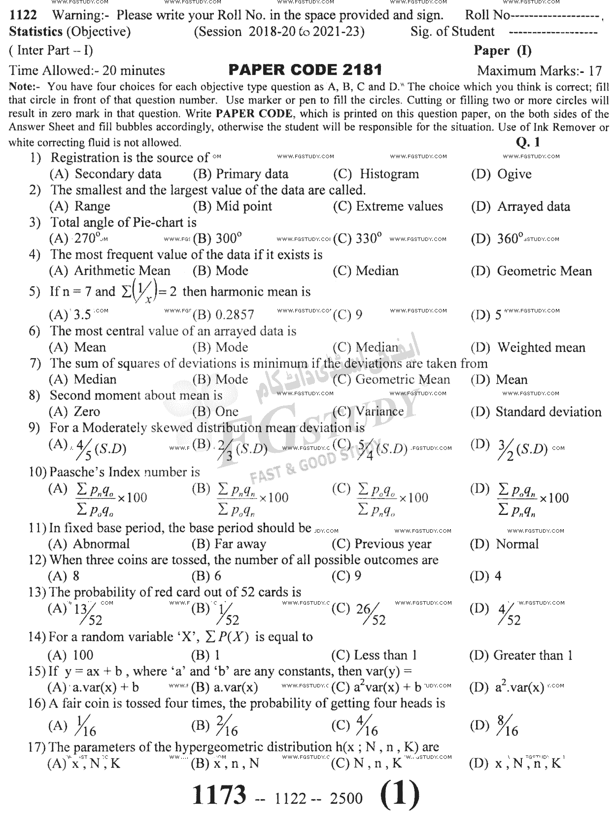 11th Class Statistics Past Paper 2022 Sargodha Board Objective