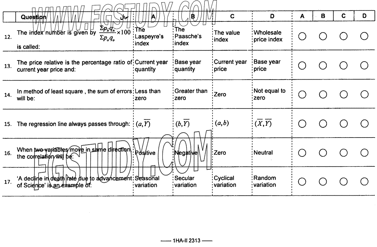 11th Class Statistics Past Paper 2023 Federal Board Islamabad Objective