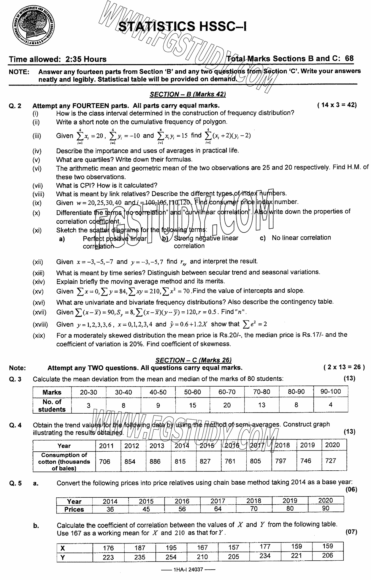 11th Class Statistics Past Paper 2024 Federal Board Islamabad Subjective