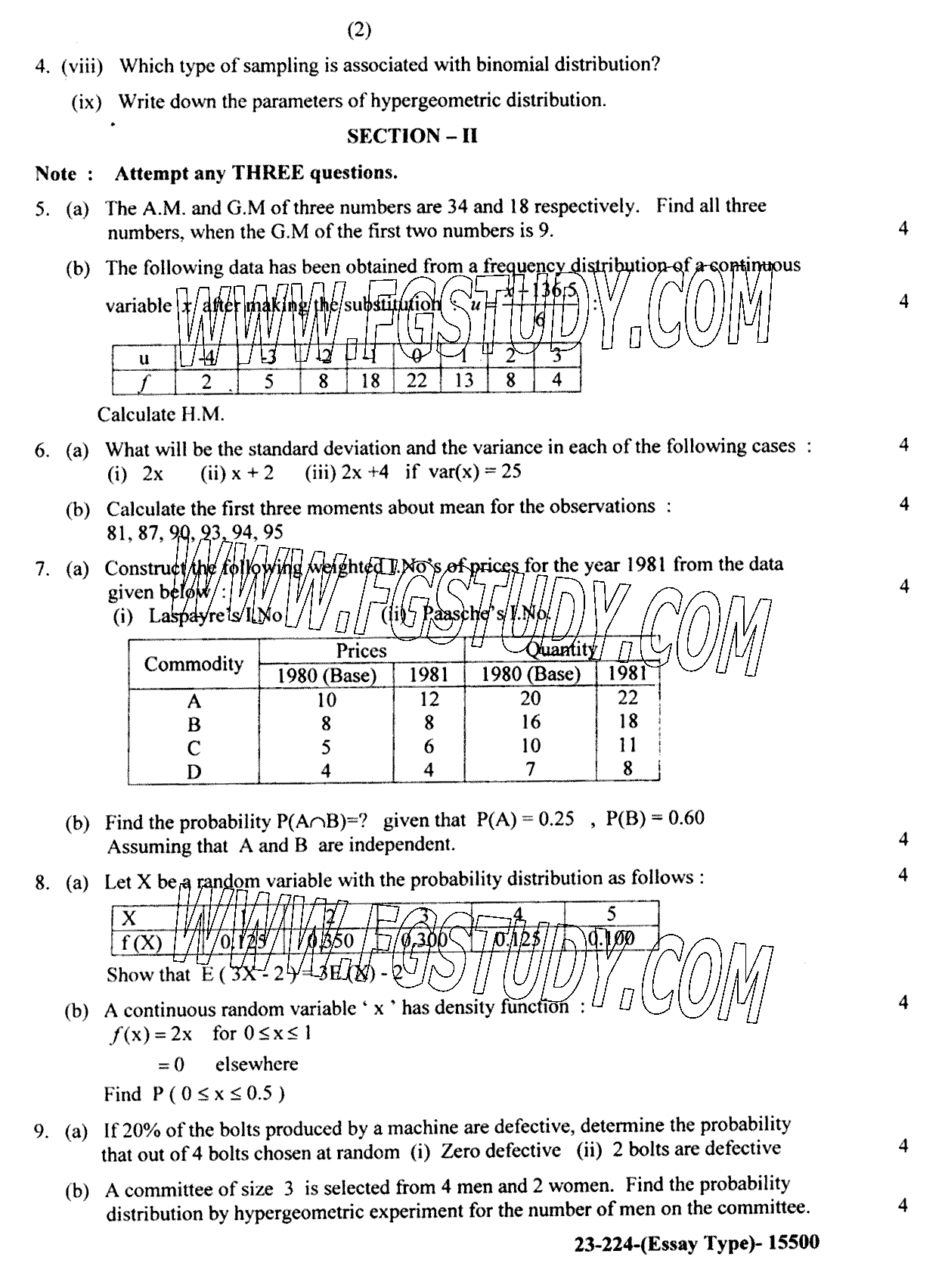11th Class Statistics Past Paper 2024 Lahore Board Subjective