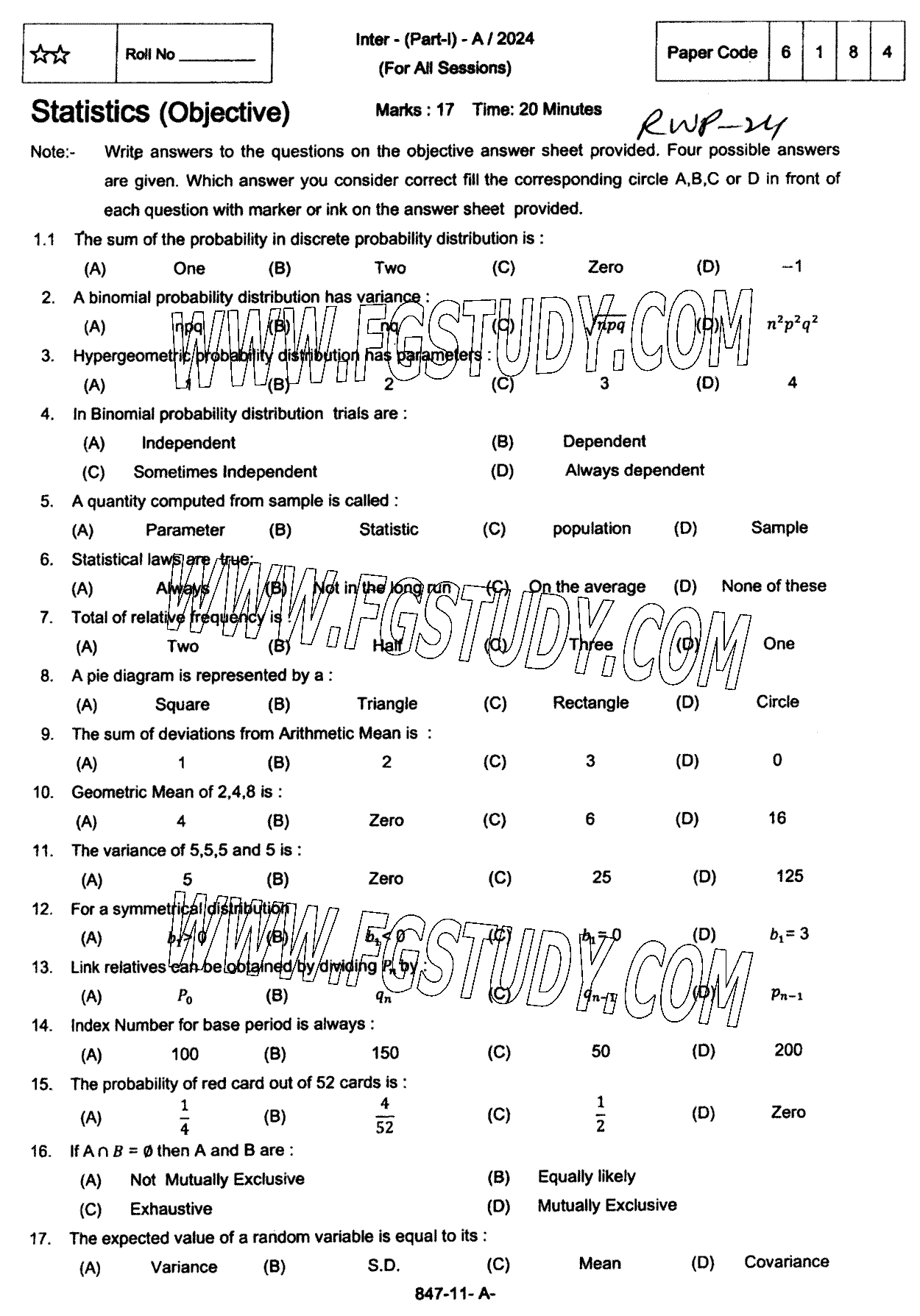 11th Class Statistics Past Paper 2024 Rawalpindi Board Objective