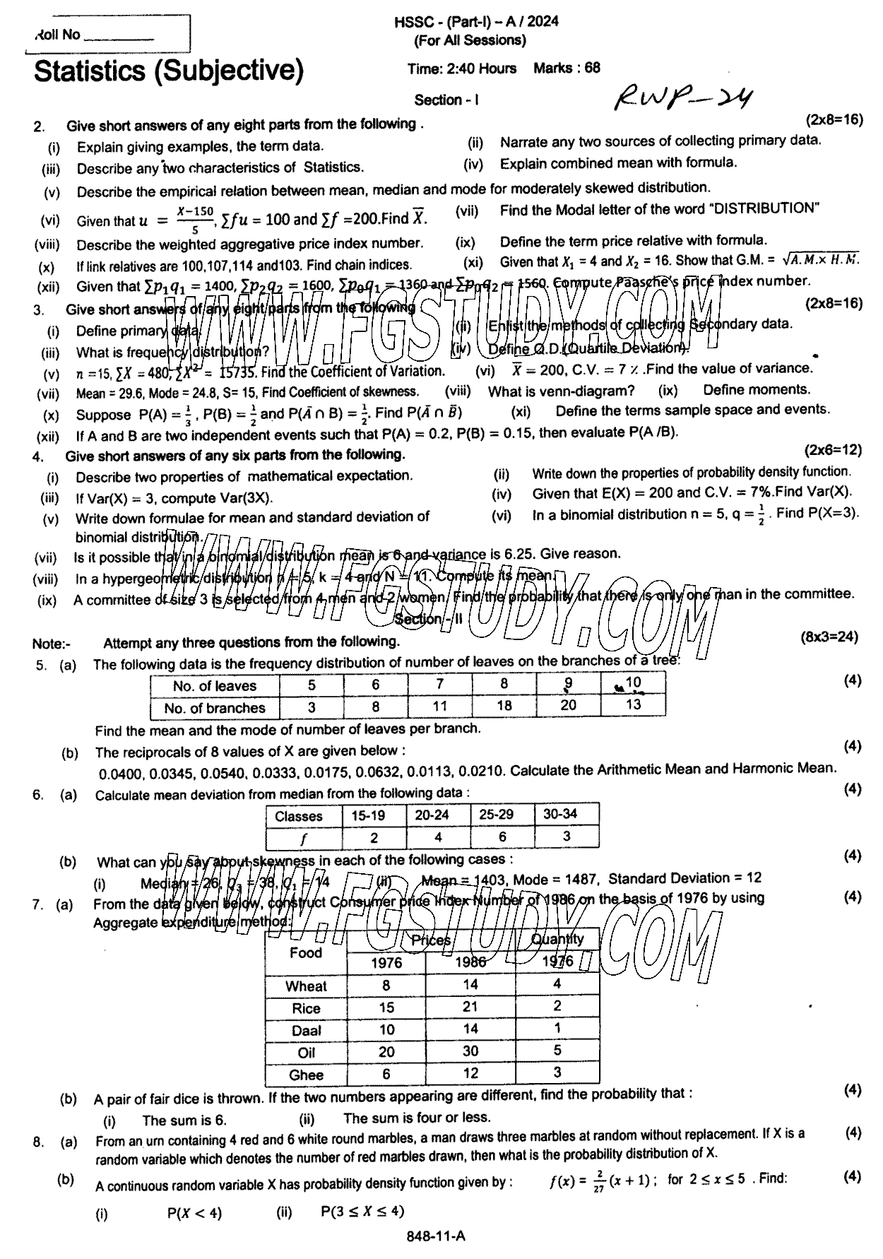 11th Class Statistics Past Paper 2024 Rawalpindi Board Subjective