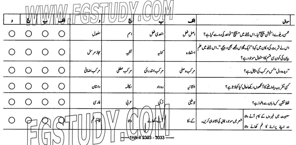 11th Class Urdu Past Paper 2023 Federal Board Islamabad Objective