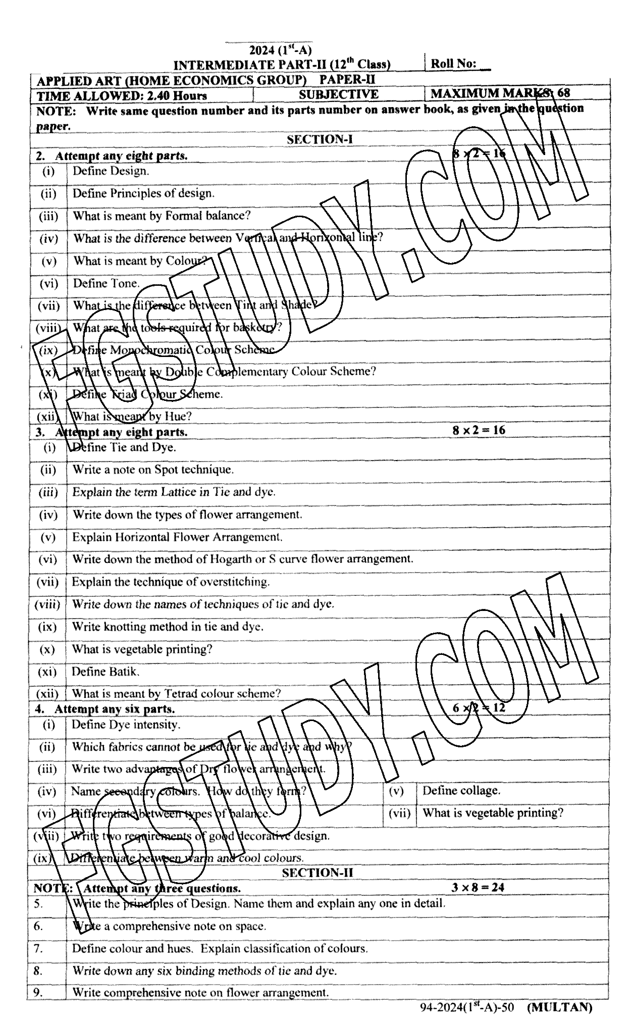 12th Class Applied Art Past Paper 2024 Multan Board Subjective