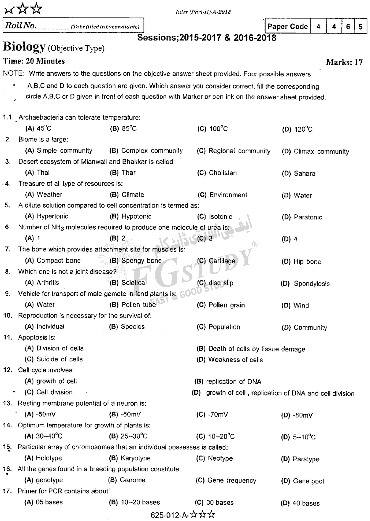 12th Class Biology Past Paper 2018 Rawalpindi Board Objective