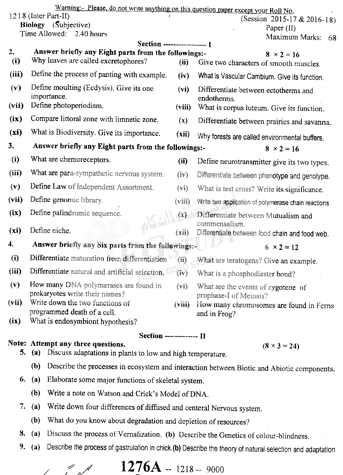 12th Class Biology Past Paper 2018 Sargodha Board Subjective
