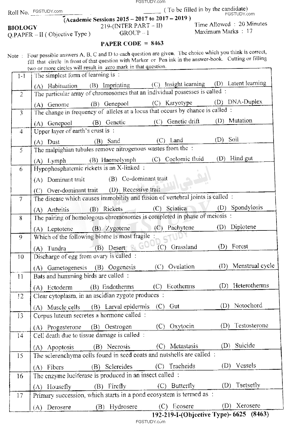 12th Class Biology Past Paper 2019 Lahore Board Group 1 Objective