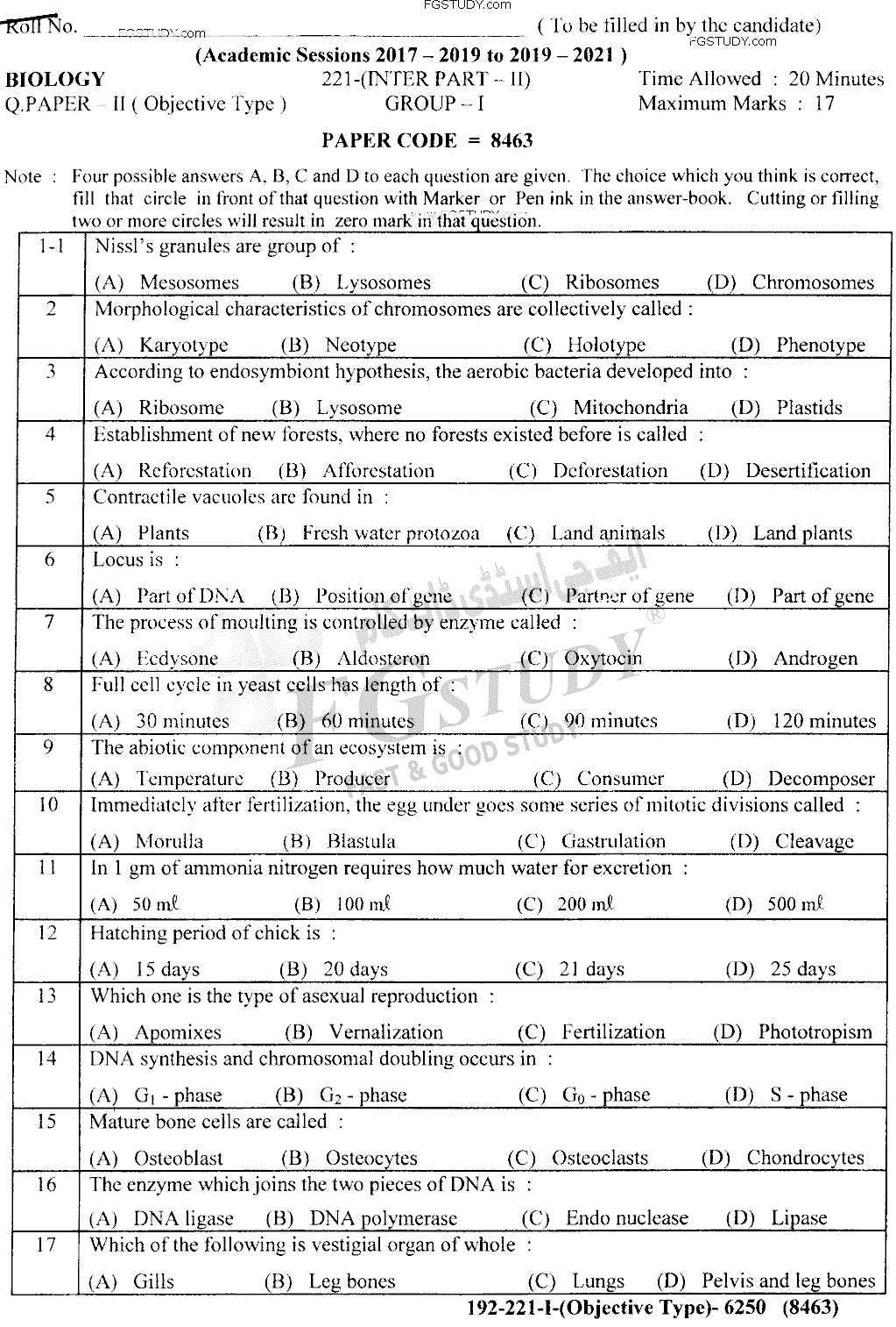 12th Class Biology Past Paper 2021 Lahore Board Group 1 Objective