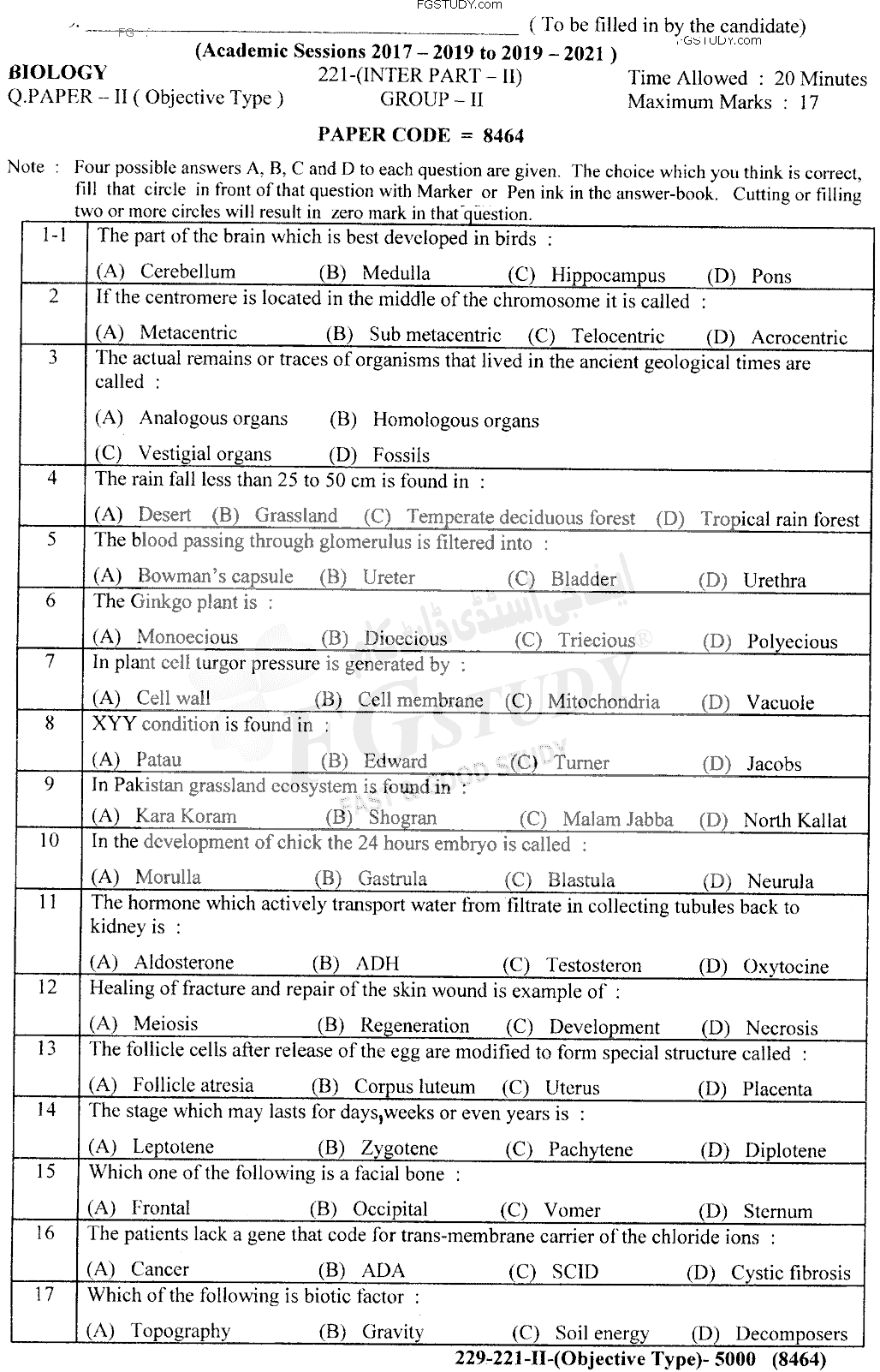 12th Class Biology Past Paper 2021 Lahore Board Group 2 Objective