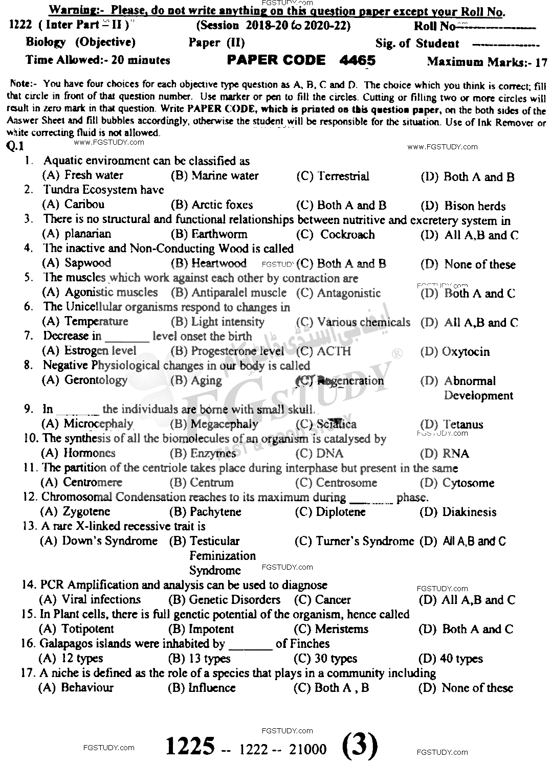 12th Class Biology Past Paper 2022 Sargodha Board Objective