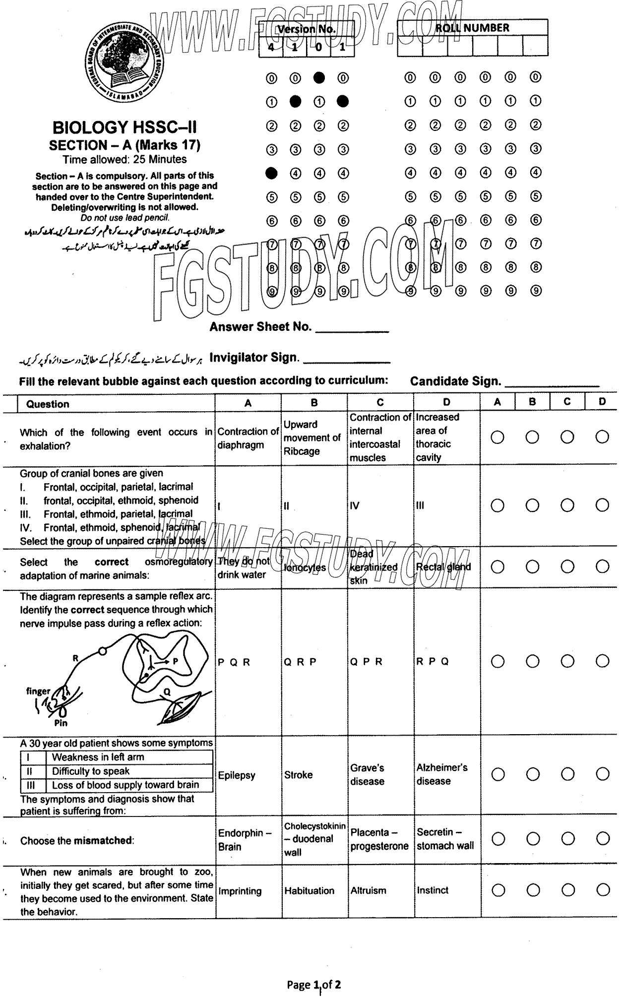 12th Class Biology Past Paper 2023 Federal Board Islamabad Objective