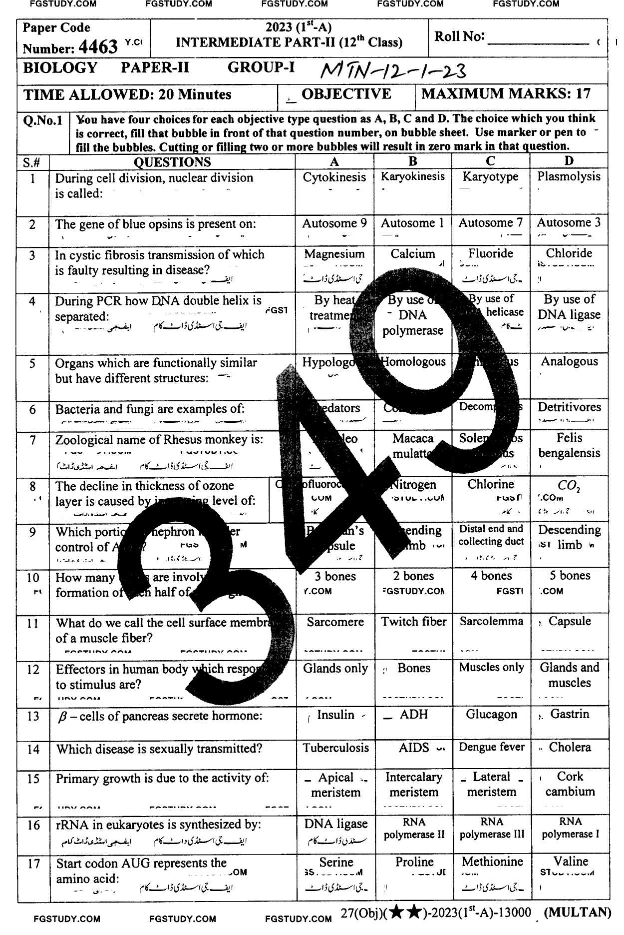 12th Class Biology Past Paper 2023 Multan Board Group 1 Objective