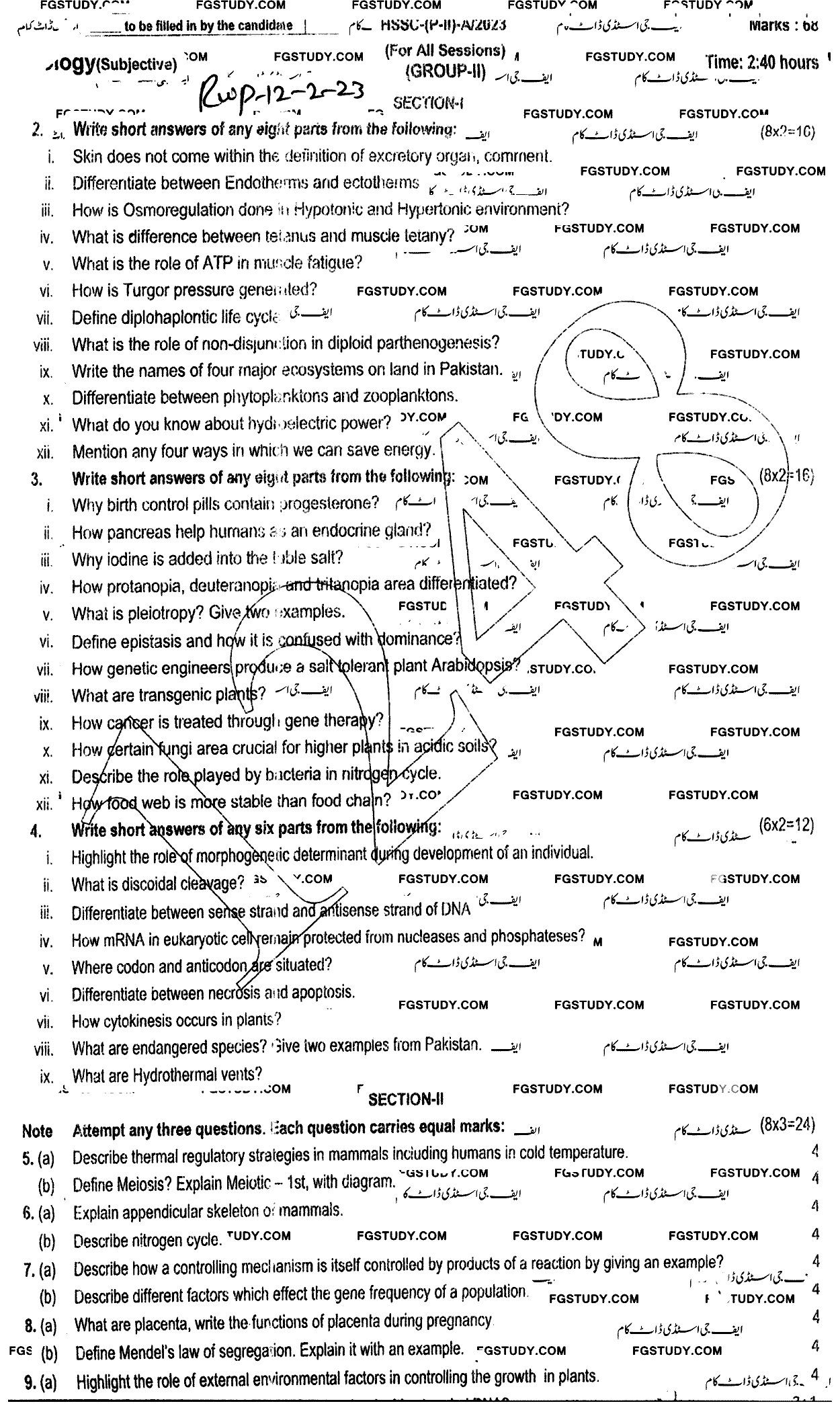 12th Class Biology Past Paper 2023 Rawalpindi Board Group 2 Subjective