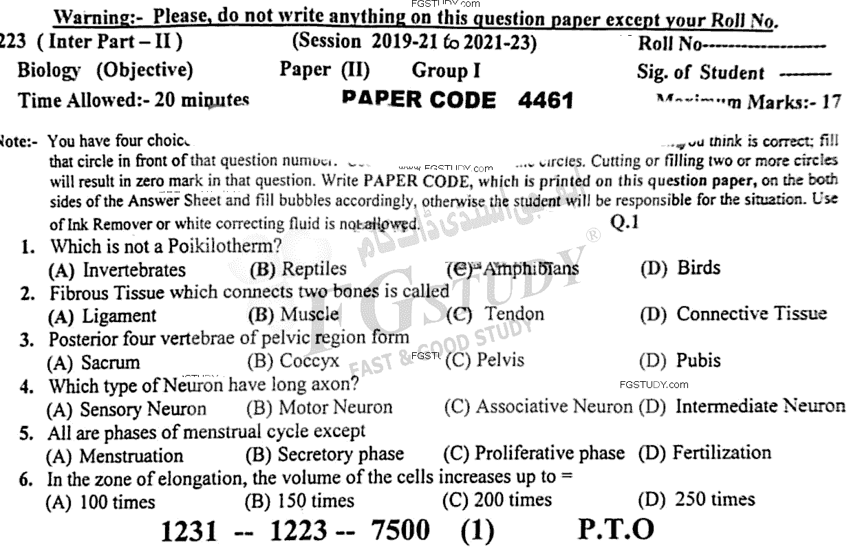 12th Class Biology Past Paper 2023 Sargodha Board Group 1 Objective