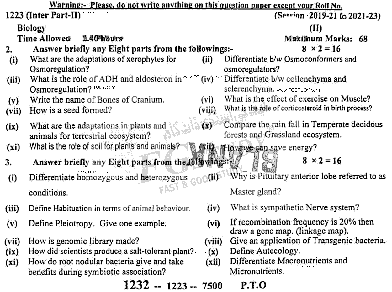 12th Class Biology Past Paper 2023 Sargodha Board Group 1 Subjective