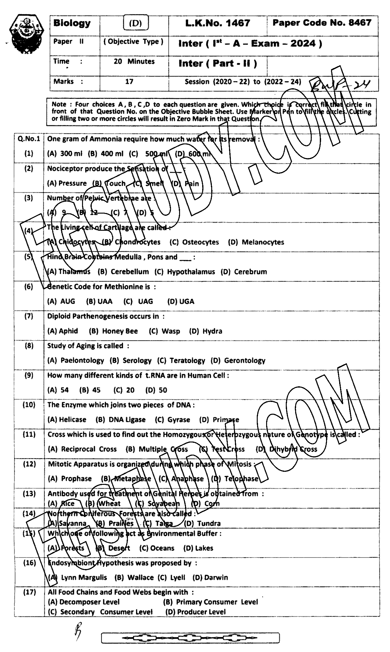 12th Class Biology Past Paper 2024 Bahawalpur Board Objective
