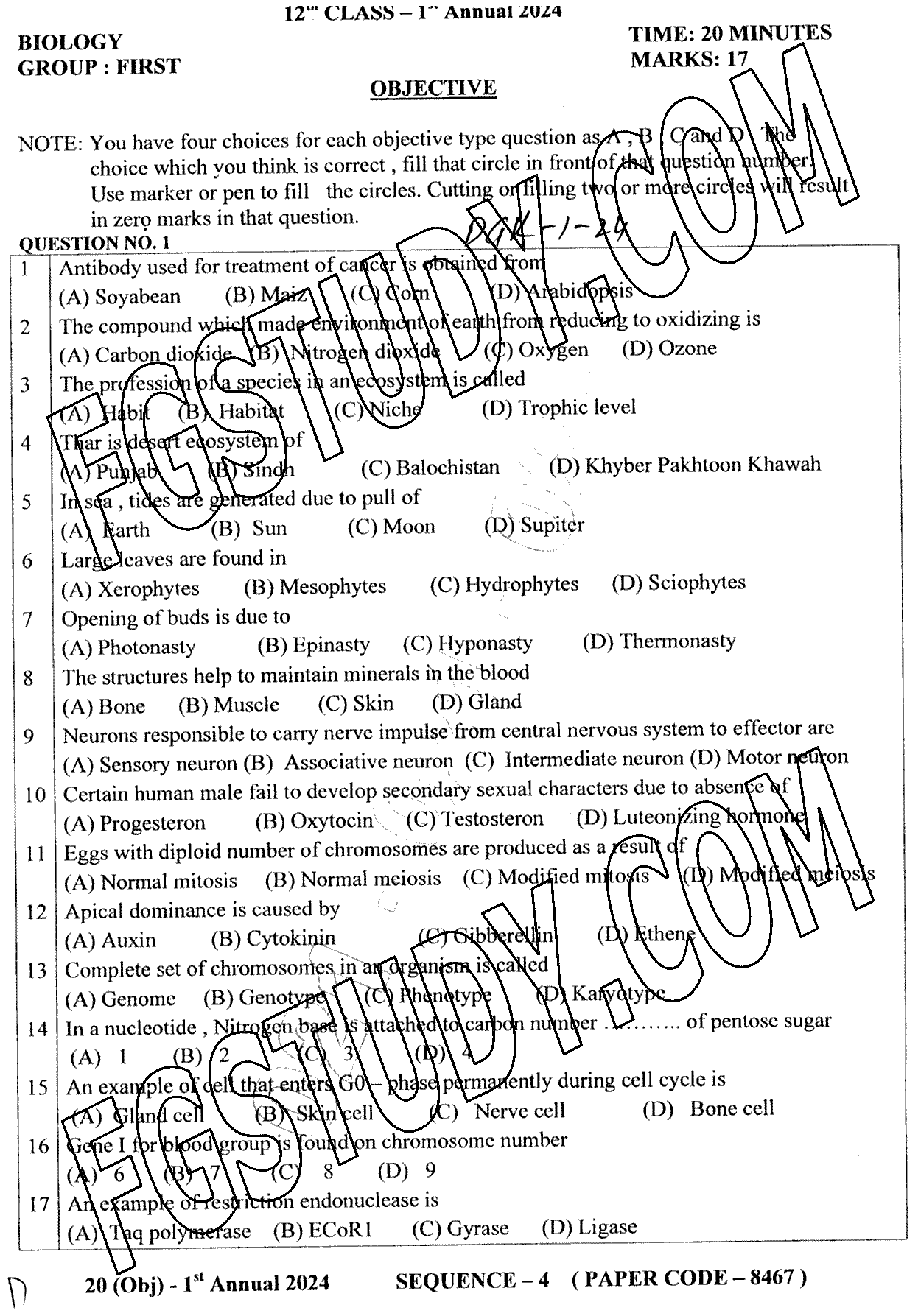 12th Class Biology Past Paper 2024 Dg Khan Board Group 1 Objective