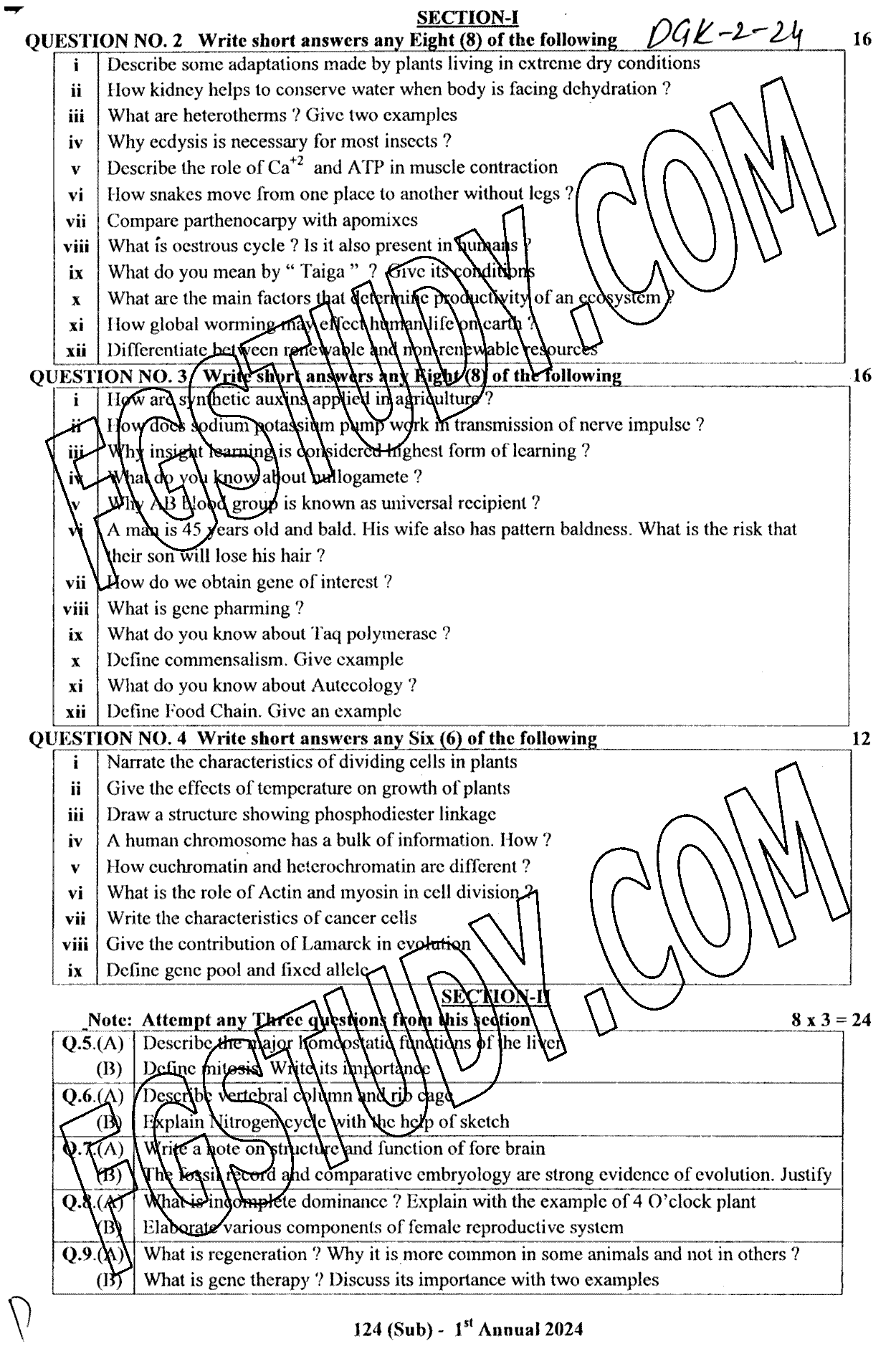 12th Class Biology Past Paper 2024 Dg Khan Board Group 2 Subjective