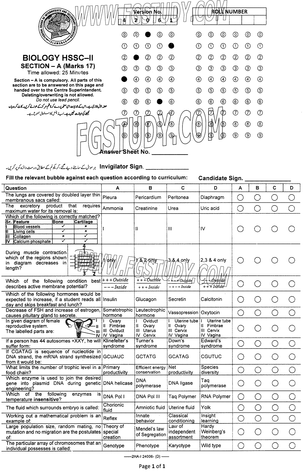 12th Class Biology Past Paper 2024 Federal Board Islamabad Group 2 Objective