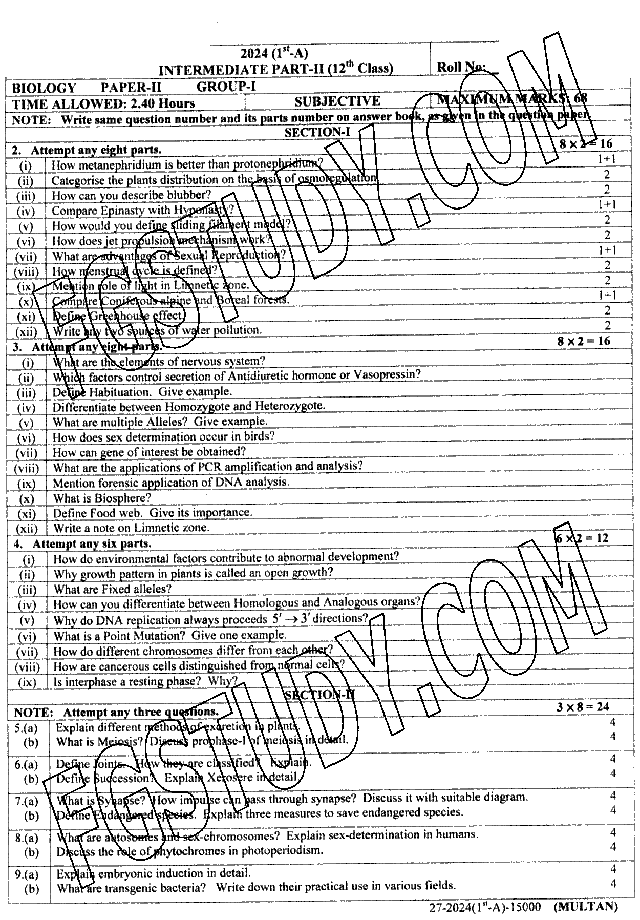 12th Class Biology Past Paper 2024 Multan Board Group 1 Subjective