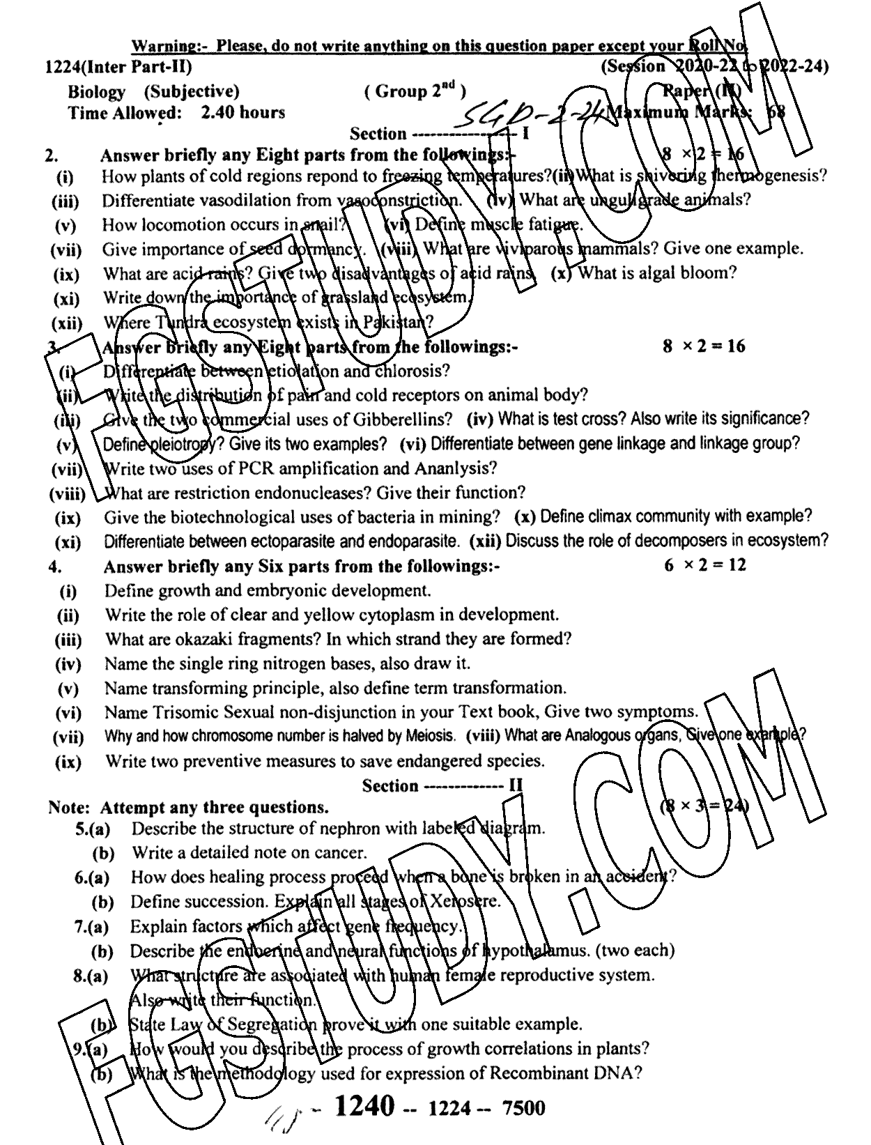 12th Class Biology Past Paper 2024 Sargodha Board Group 2 Subjective