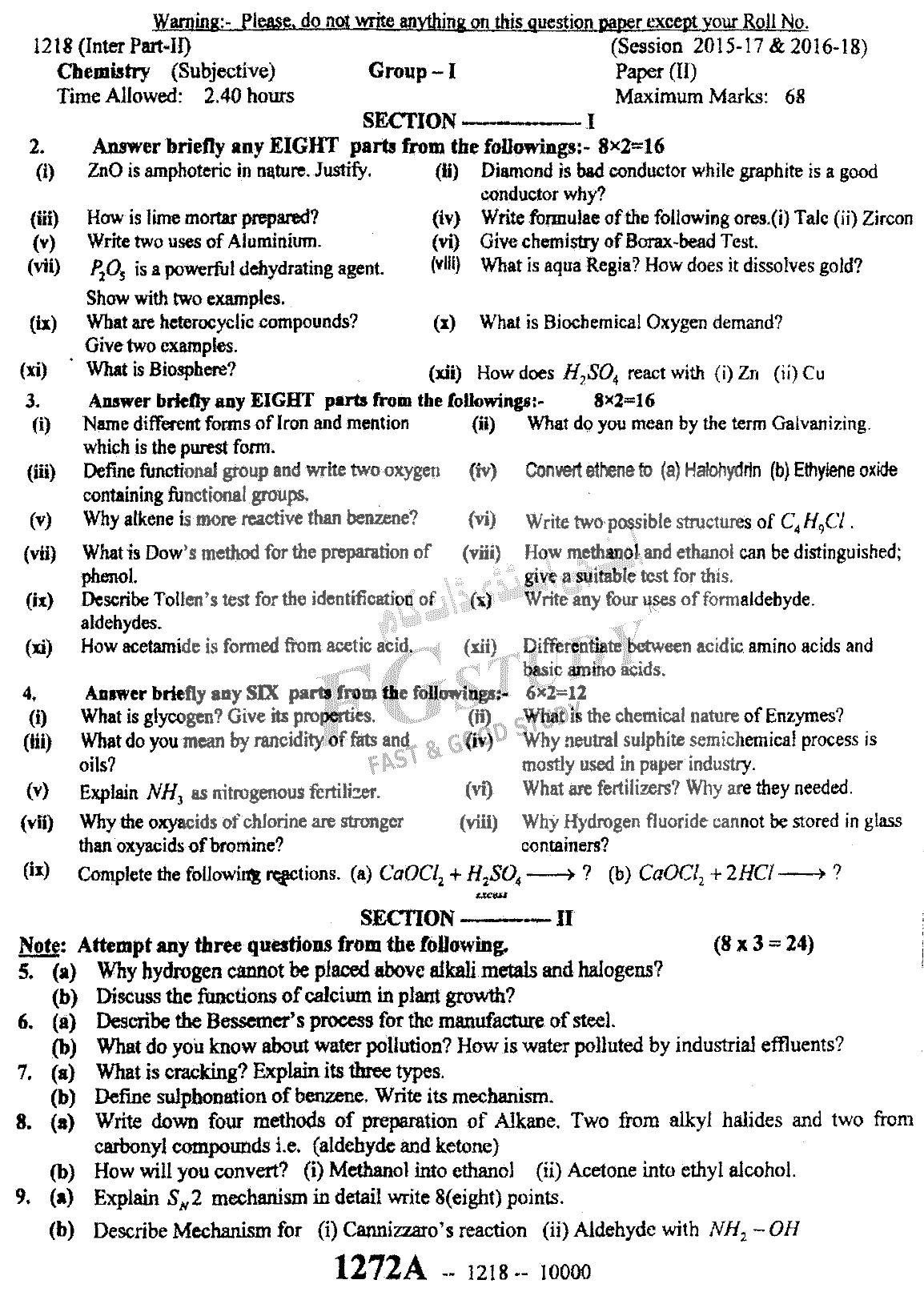 12th Class Chemistry Past Paper 2018 Sargodha Board Group 1 Subjective