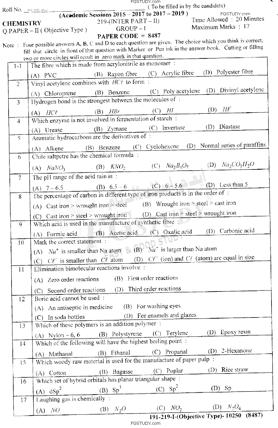 12th Class Chemistry Past Paper 2019 Lahore Board Group 1 Objective