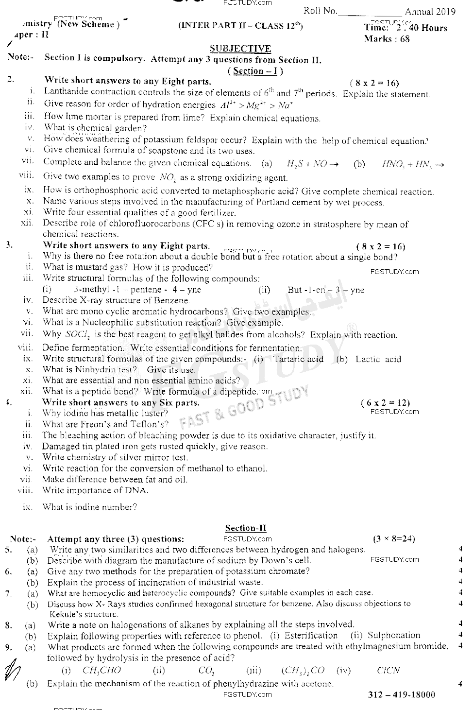 12th Class Chemistry Past Paper 2019 Sahiwal Board Subjective