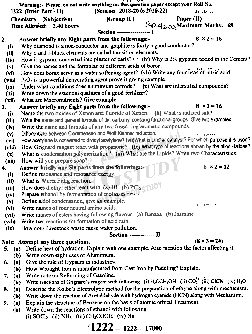 12th Class Chemistry Past Paper 2022 Sargodha Board Group 2 Subjective