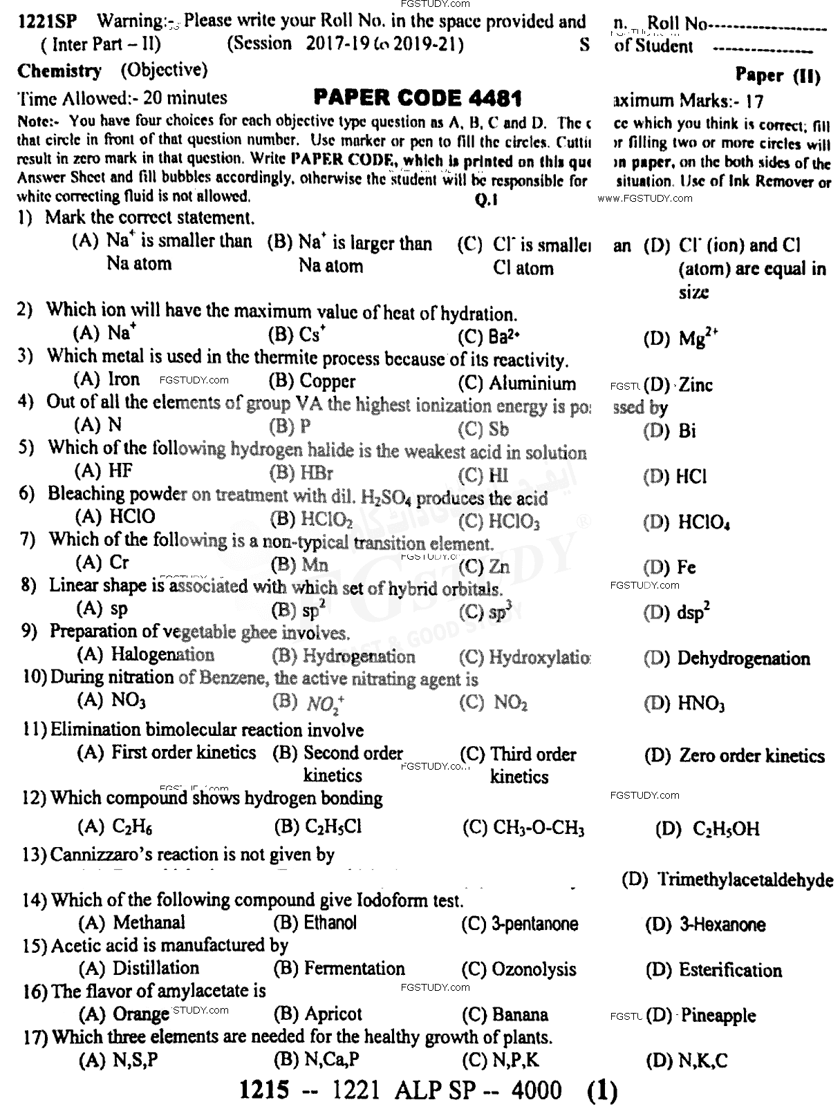 12th Class Chemistry Past Paper 2022 Sargodha Board Objective