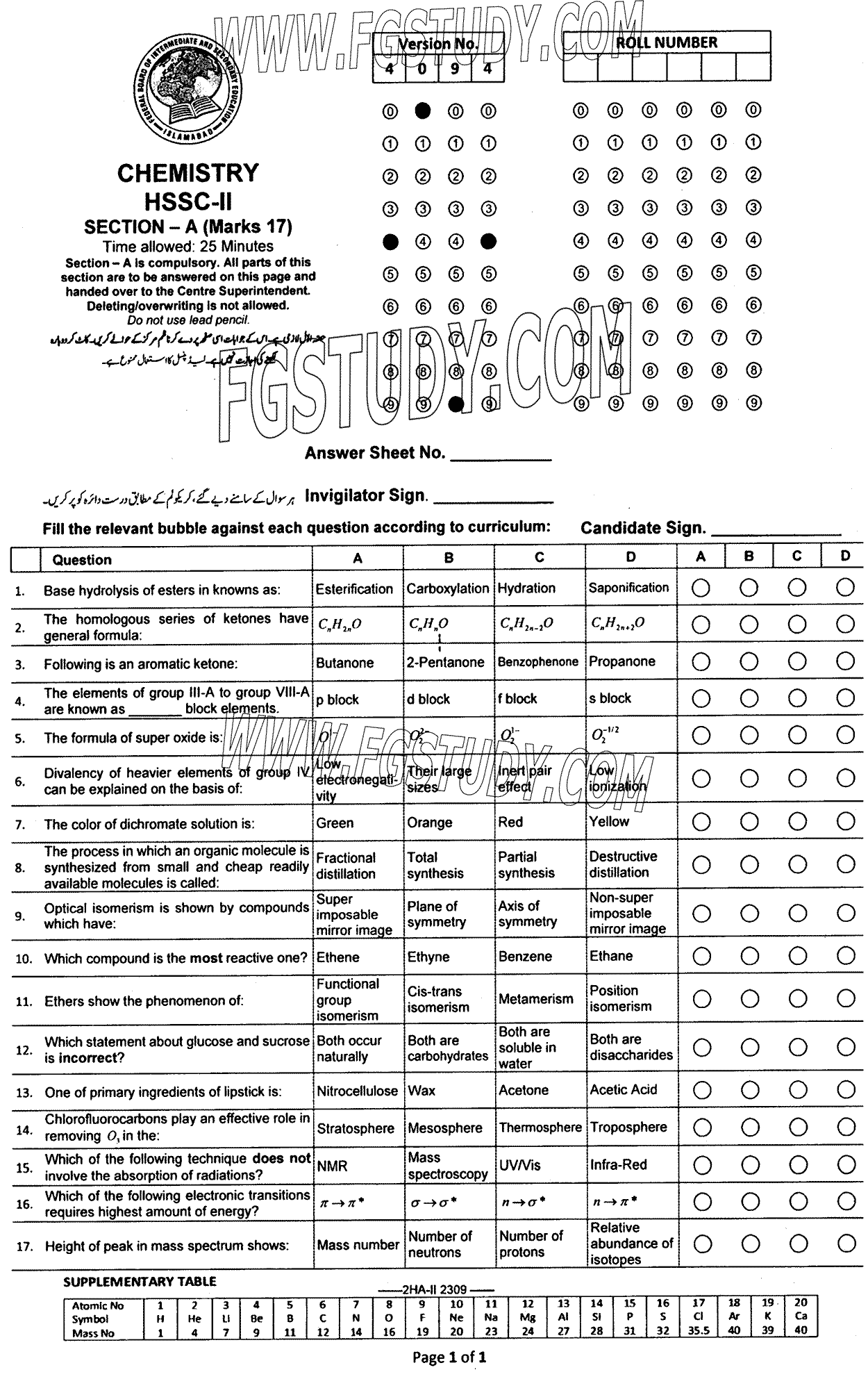 12th Class Chemistry Past Paper 2023 Federal Board Islamabad Objective