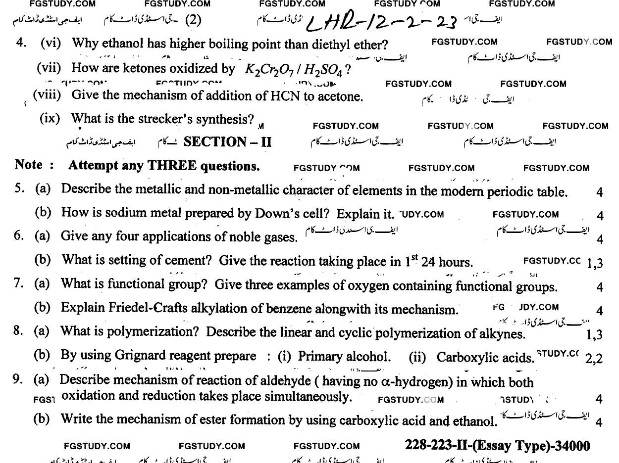 12th Class Chemistry Past Paper 2023 Lahore Board Group 2 Subjective