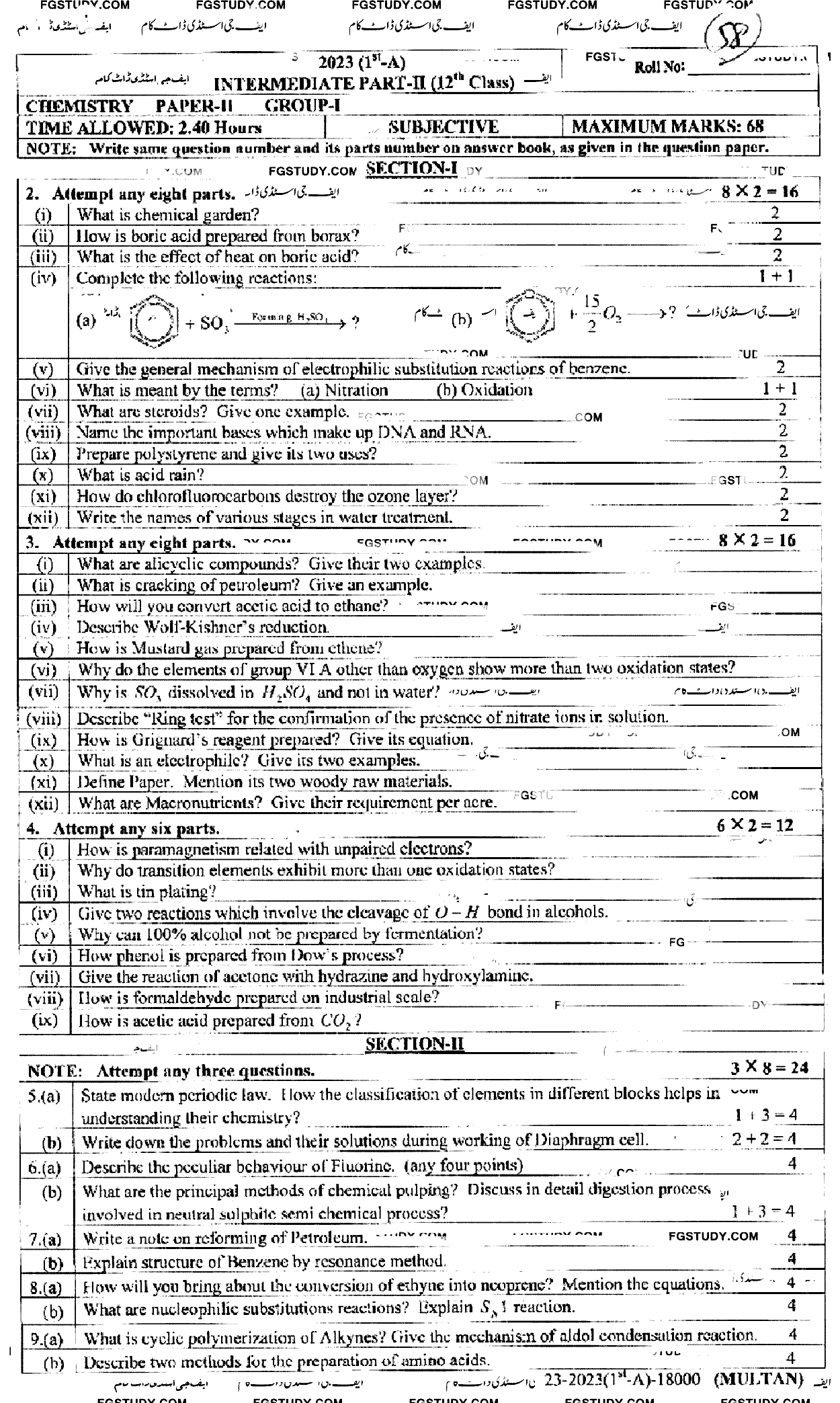 12th Class Chemistry Past Paper 2023 Multan Board Group 1 Subjective