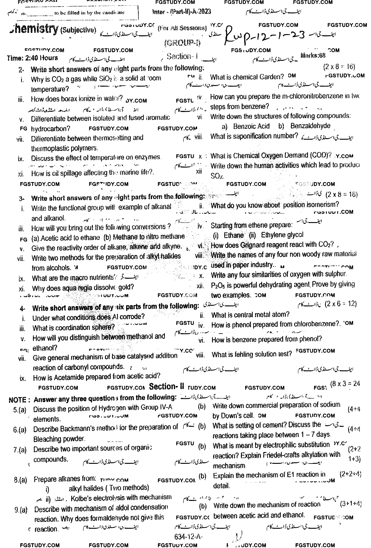 12th Class Chemistry Past Paper 2023 Rawalpindi Board Group 1 Subjective
