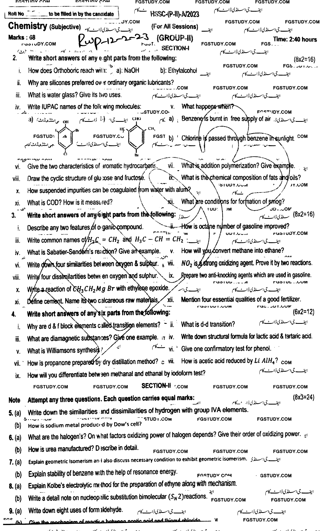 12th Class Chemistry Past Paper 2023 Rawalpindi Board Group 2 Subjective