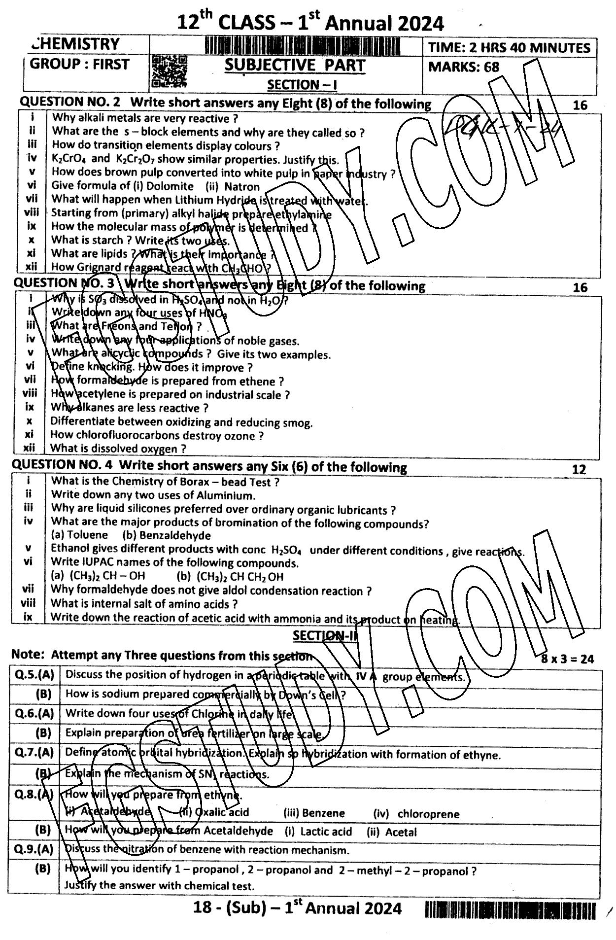 12th Class Chemistry Past Paper 2024 Dg Khan Board Group 1 Subjective
