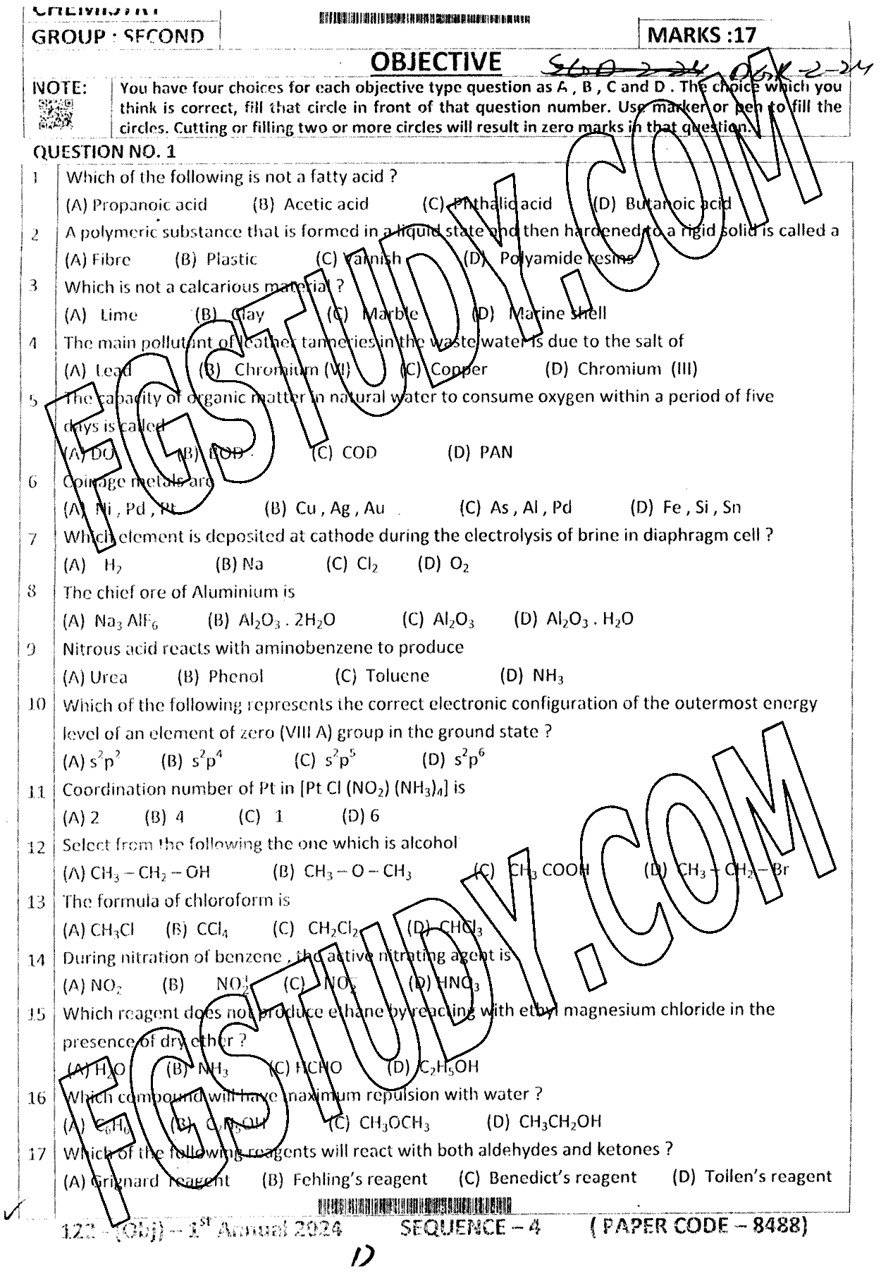 12th Class Chemistry Past Paper 2024 Dg Khan Board Group 2 Objective